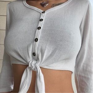 White Tie-Front Crop Top with buttons